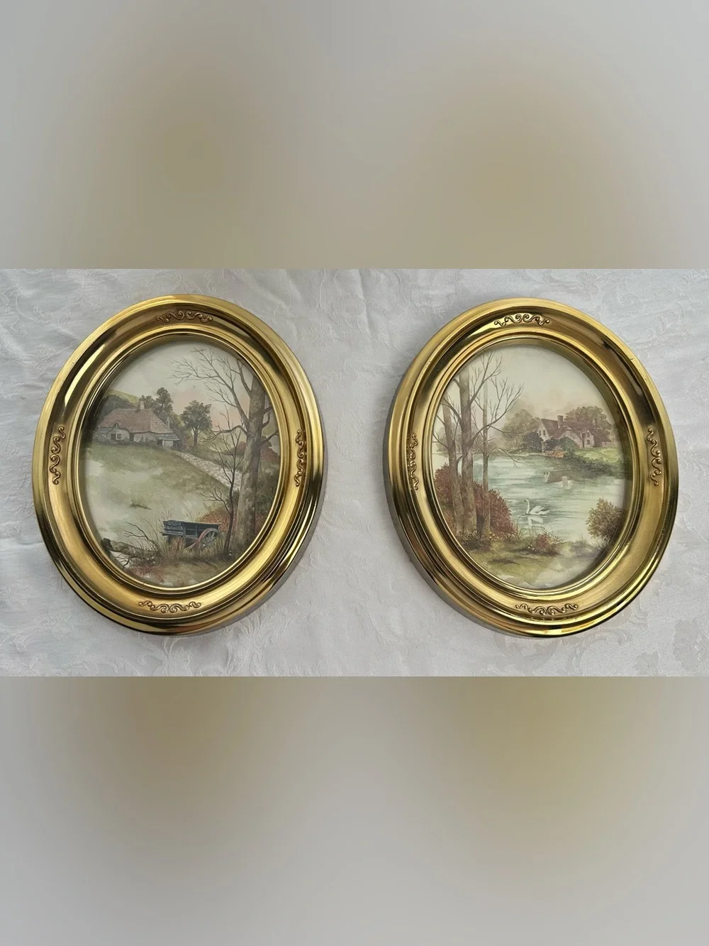 Gold Oval Wall Art Pair with Countryside Prints